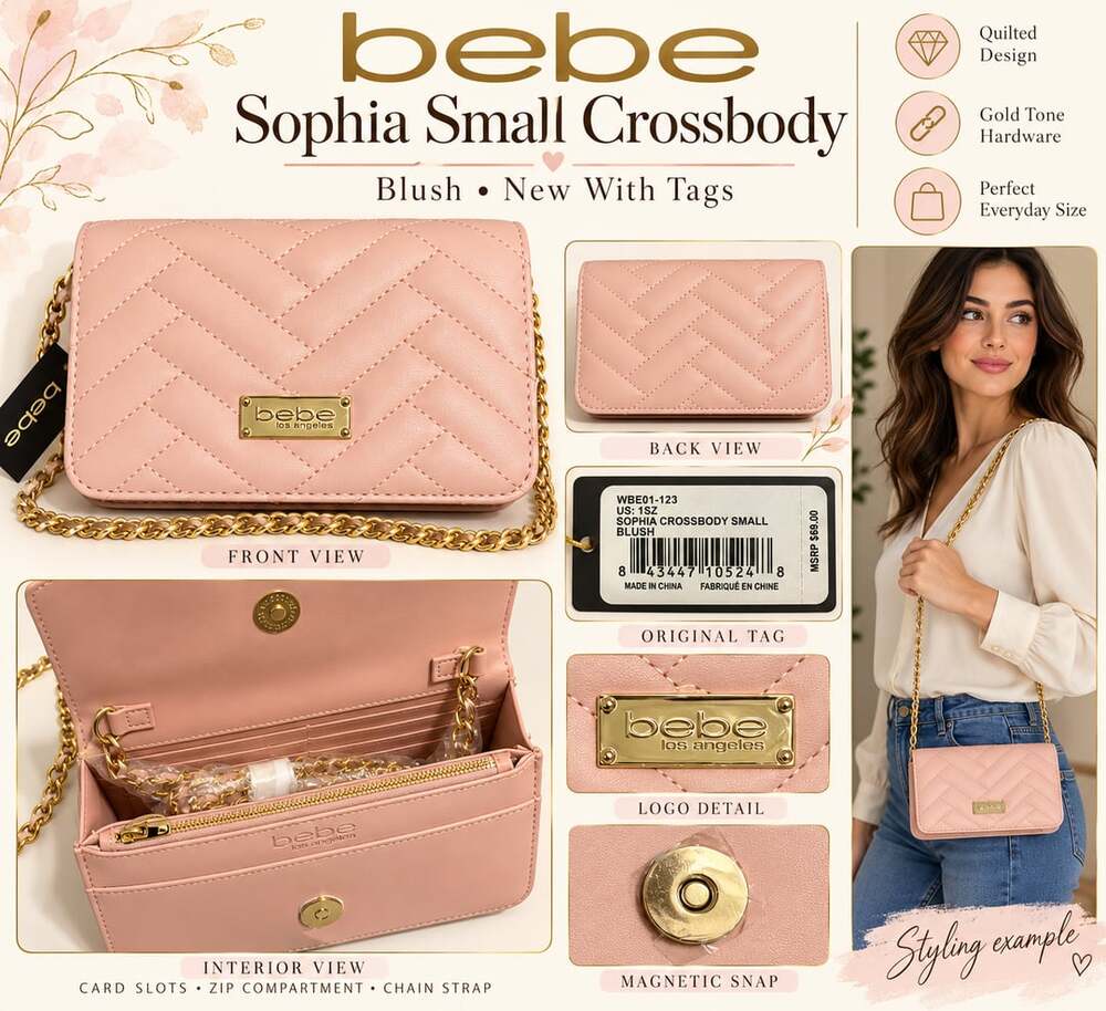 NWT bebe Sophia Small Crossbody Blush Pink Quilted Gold Chain Bag MSRP $69
